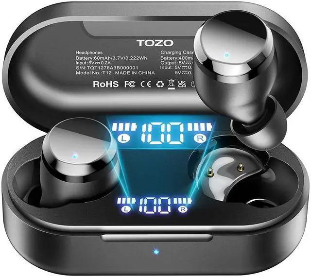 Main image of TOZO Tonal Dots Wireless Earbuds Built-in Mic ENC Noise Cancelling Headphones, Bluetooth 5.3 In-Ear Headset with LED Digital Display Charging Case, App Customization, Ink Black