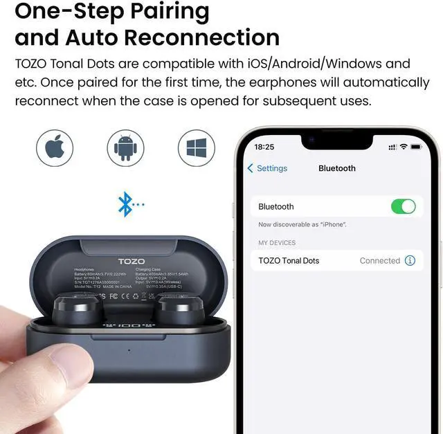 Alt view image 6 of 7 - TOZO Tonal Dots Wireless Earbuds ENC Noise Cancelling Headphones Waterproof IPX8, Bluetooth 5.3 In-Ear Headset with LED Digital Display Charging Case, App Customization, Navy Blue