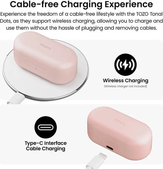 Alt view image 6 of 7 - TOZO Tonal Dots Wireless Earbuds ENC Noise Cancelling Headphones Waterproof IPX8, Bluetooth 5.3 In-Ear Headset with LED Digital Display Charging Case, App Customization, Light Pink