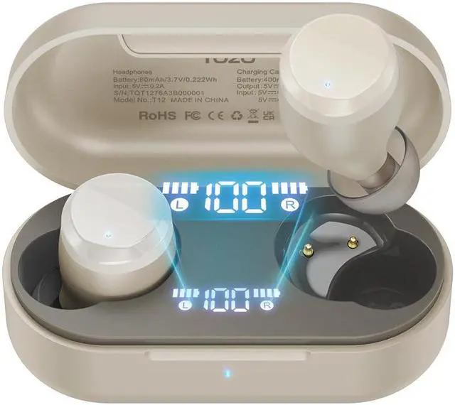 Main image of TOZO Tonal Dots Wireless Earbuds ENC Noise Cancelling Headphones Waterproof IPX8, Bluetooth 5.3 In-Ear Headset with LED Digital Display Charging Case, App Customization, Gold