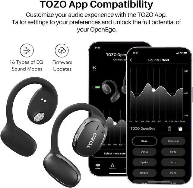 Alt view image 4 of 7 - TOZO OpenEgo Wireless Earbuds Earhook Open Ear Sport Bluetooth 5.3 Headphones with LED Digital Display Charger Case Sweat-Proof, Gloss Black