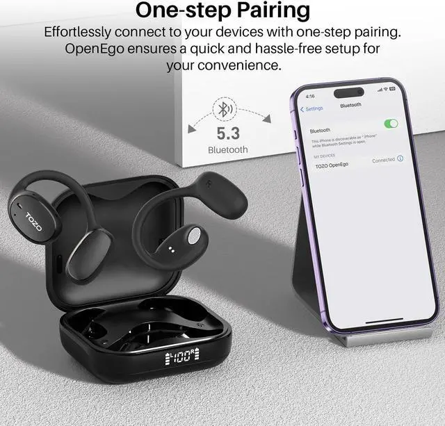 Alt view image 3 of 7 - TOZO OpenEgo Wireless Earbuds Earhook Open Ear Sport Bluetooth 5.3 Headphones with LED Digital Display Charger Case Sweat-Proof, Gloss Black
