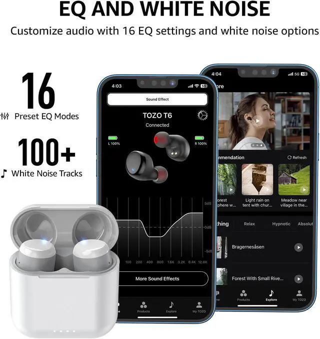 Alt view image 5 of 7 - TOZO T6 2024 New Upgraded Wireless Earbuds IPX8 Waterproof Bluetooth 5.3 in-Ear Headphones 50H Playtime with Wireless Charging Case, APP EQ Customisable, Pearl White
