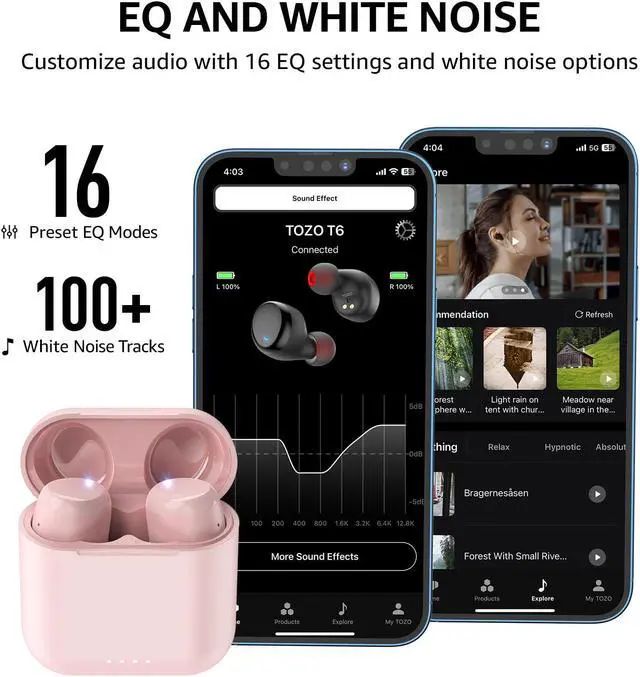 Alt view image 5 of 7 - TOZO T6 2024 New Upgraded Wireless Earbuds IPX8 Waterproof Bluetooth 5.3 in-Ear Headphones 50H Playtime with Wireless Charging Case, APP EQ Customisable, Light Pink