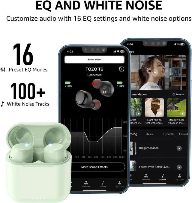 Alt view image 5 of 7 - TOZO T6 New Upgraded 2024 Wireless Earbuds IPX8 Waterproof Bluetooth 5.3 in-Ear Headphones 50H Playtime with Wireless Charging Case, APP EQ Customisable, Grass Green