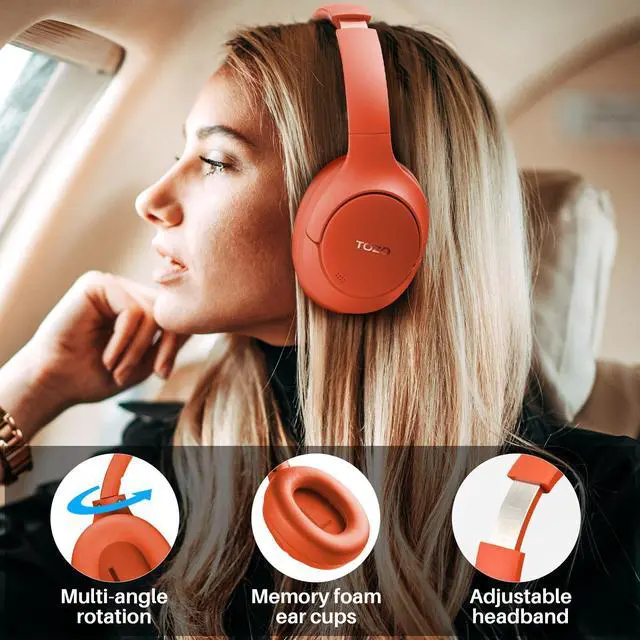 Alt view image 6 of 7 - TOZO Wireless Over Ear Bluetooth 5.3 Headphones Hybrid Active Noise Cancelling Headphones 60H Playtime, Hi-Res Audio for Home Office Travel, Orange Red