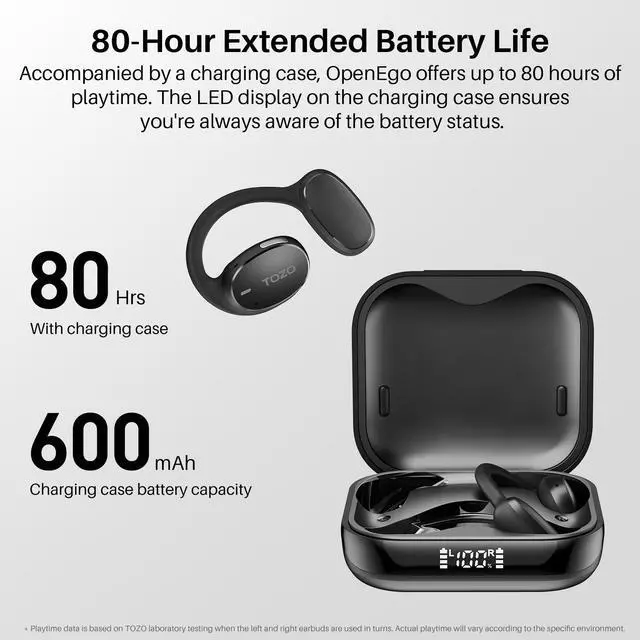 Alt view image 7 of 7 - TOZO OpenEgo Wireless Earbuds Earhook Open Ear Sport Bluetooth 5.3 Headphones with LED Digital Display Charger Case Sweat-Proof, Gloss Black