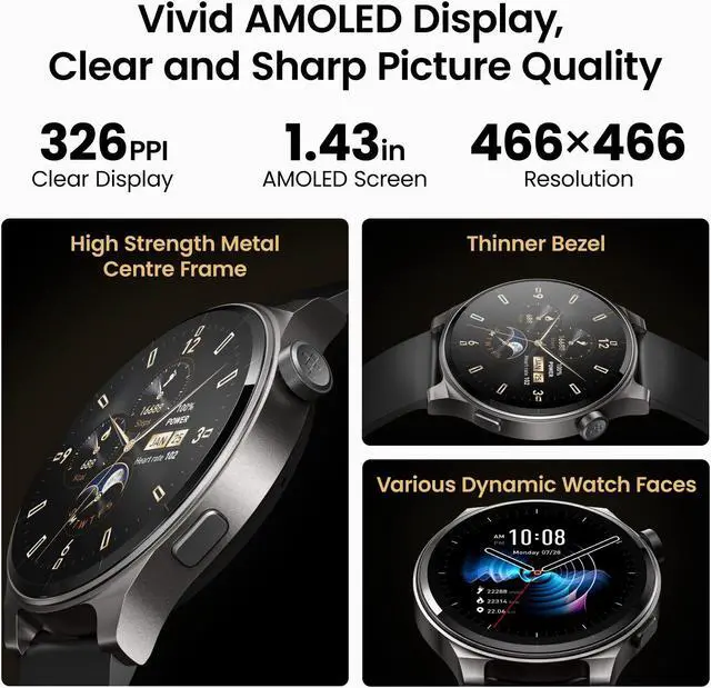 Alt view image 2 of 7 - 1.43 AMOLED Touch Screen Smart Watch Answer/Make Calls, 100+ Sport Modes Fitness Watch for Men Women, IP68 Waterproof Smartwatch