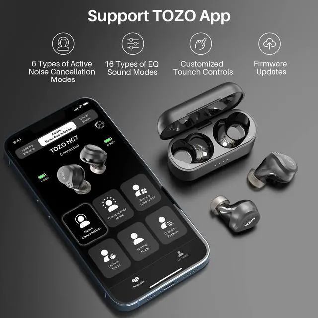 Alt view image 7 of 7 - TOZO NC7 Hybrid Active Noise Cancelling Wireless Earbuds, ANC, in-Ear Detection Headphones IPX6 Waterproof Bluetooth Stereo Earphones, Immersive Sound Premium Deep Bass Headset, Black