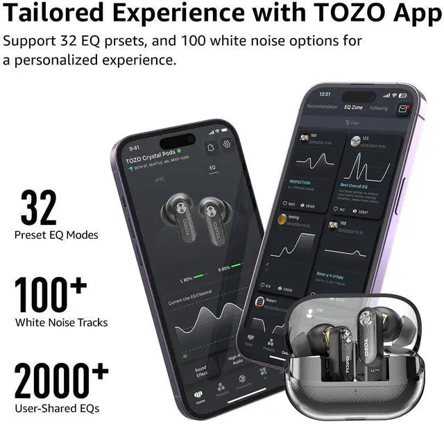 Alt view image 7 of 7 - TOZO Crystal Pods Wireless Earbuds Hybrid Active Noise Cancelling Bluetooth 5.4 Headphones, 4 Mics Smart ENC AI Calls Earphones, Black