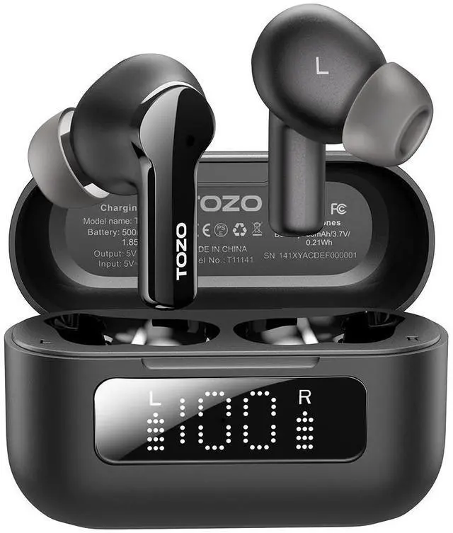 Main image of TOZO NC3 Wireless Earbuds 6 Mics AI Clear Call, Hybrid Active Noise Cancelling Bluetooth Headphones IPX8 Waterproof, 55H Playtime with LED Display Charger Case, Black