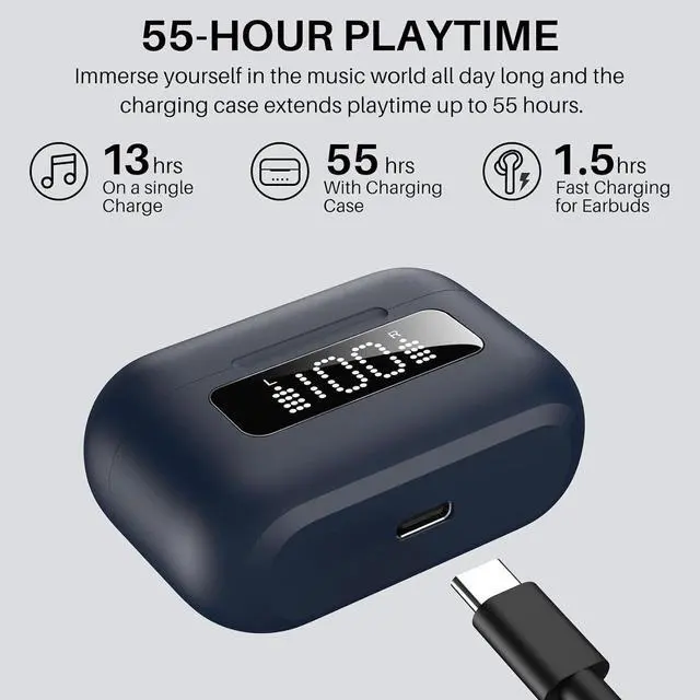 Alt view image 2 of 7 - TOZO NC3 Wireless Earbuds 6 Mics AI Clear Call, Hybrid Active Noise Cancelling Bluetooth Headphones IPX8 Waterproof, 55H Playtime with LED Display Charger Case, Blue
