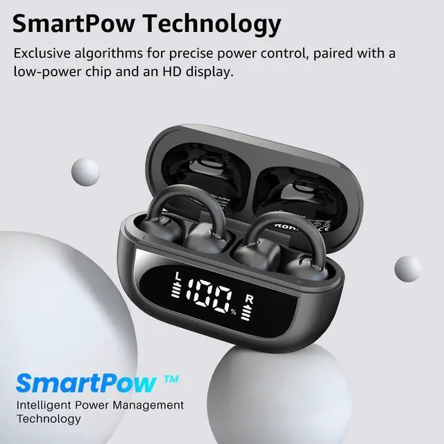 Alt view image 4 of 7 - TOZO Open Ear Clip Wireless Earbuds Lightweight Comfort, 40H Play with Smart Digital Display Charger Case, Bluetooth 5.4 Headphones, Black