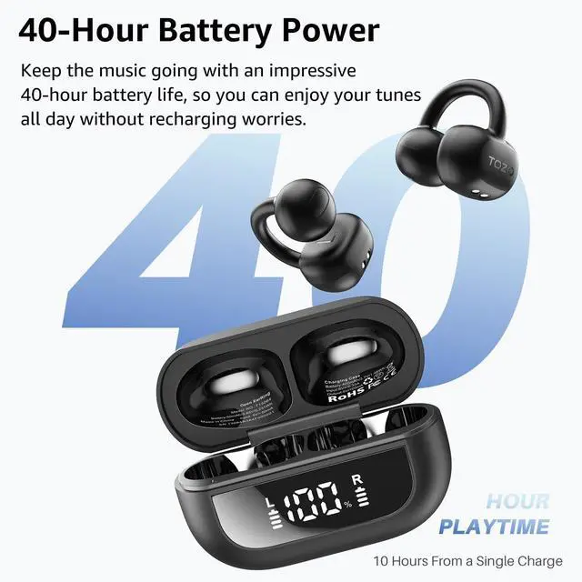Alt view image 5 of 7 - TOZO Open Ear Clip Wireless Earbuds Lightweight Comfort, 40H Play with Smart Digital Display Charger Case, Bluetooth 5.4 Headphones, Black