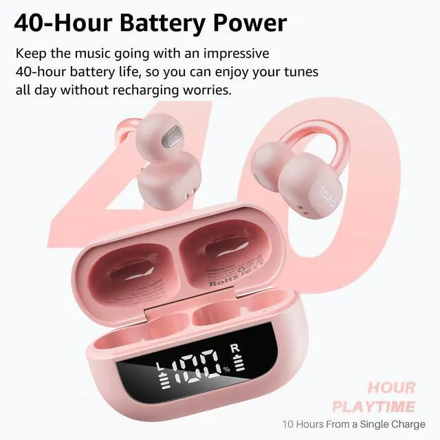 Alt view image 5 of 7 - TOZO Open Ear Clip Wireless Earbuds Lightweight Comfort, 40H Play with Smart Digital Display Charger Case, Bluetooth 5.4 Headphones, Rose