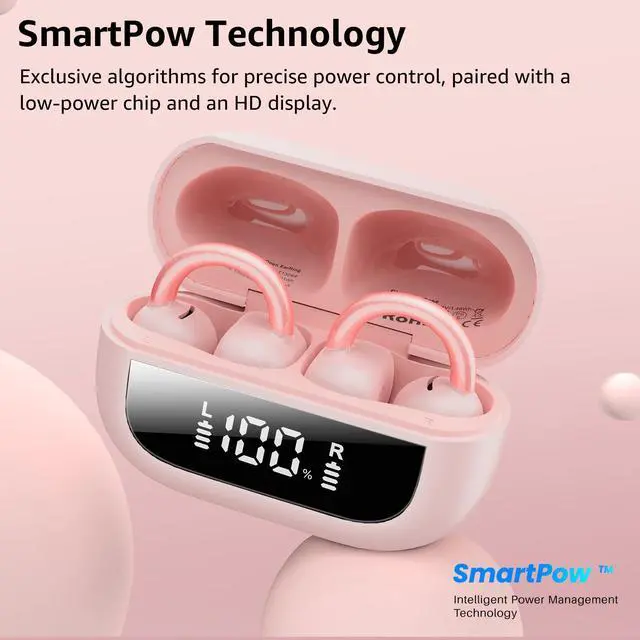 Alt view image 4 of 7 - TOZO Open Ear Clip Wireless Earbuds Lightweight Comfort, 40H Play with Smart Digital Display Charger Case, Bluetooth 5.4 Headphones, Rose