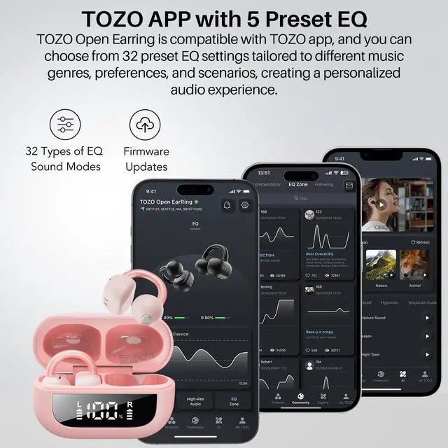 Alt view image 7 of 7 - TOZO Open Ear Clip Wireless Earbuds Lightweight Comfort, 40H Play with Smart Digital Display Charger Case, Bluetooth 5.4 Headphones, Rose