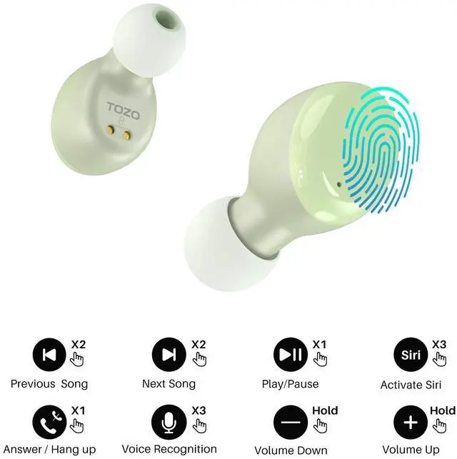 Alt view image 4 of 7 - TOZO T6 Wireless Earbuds Bluetooth 5.3 Built-in Mic Headphones IPX8 Waterproof, Green (Refurbished)