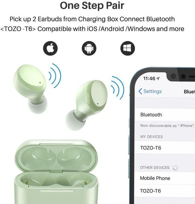 Alt view image 7 of 7 - TOZO T6 Wireless Earbuds Bluetooth 5.3 Built-in Mic Headphones IPX8 Waterproof, Green (Refurbished)