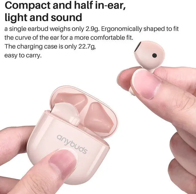 Alt view image 5 of 7 - Anybuds Pink Wireless Earbuds Semi-in-ear, ENC Call Noise Cancellation Headphones Up to 25 Hours Playtime with Charger Case