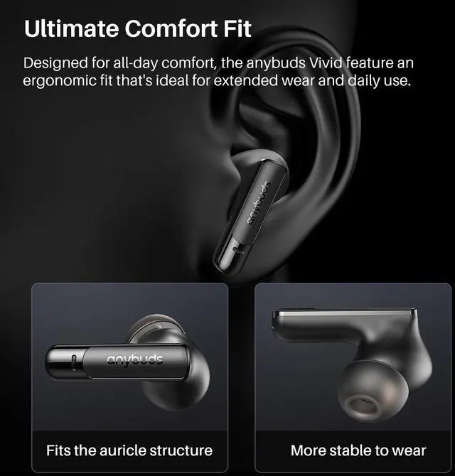 Alt view image 5 of 7 - Anybuds Touch Screen Wireless Earbuds, Active Noise Cancelling Bluetooth 5.3 Headphones, 2 Mics for Clear Calls, 47H Long Playtime with Charger Case, IPX4 Water-Resistant, Black