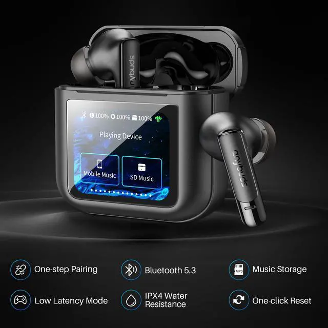 Alt view image 7 of 7 - Anybuds Touch Screen Wireless Earbuds, Active Noise Cancelling Bluetooth 5.3 Headphones, 2 Mics for Clear Calls, 47H Long Playtime with Charger Case, IPX4 Water-Resistant, Black