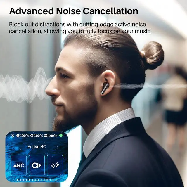 Alt view image 4 of 7 - Anybuds Touch Screen Wireless Earbuds, Active Noise Cancelling Bluetooth 5.3 Headphones, 2 Mics for Clear Calls, 47H Long Playtime with Charger Case, IPX4 Water-Resistant, Black