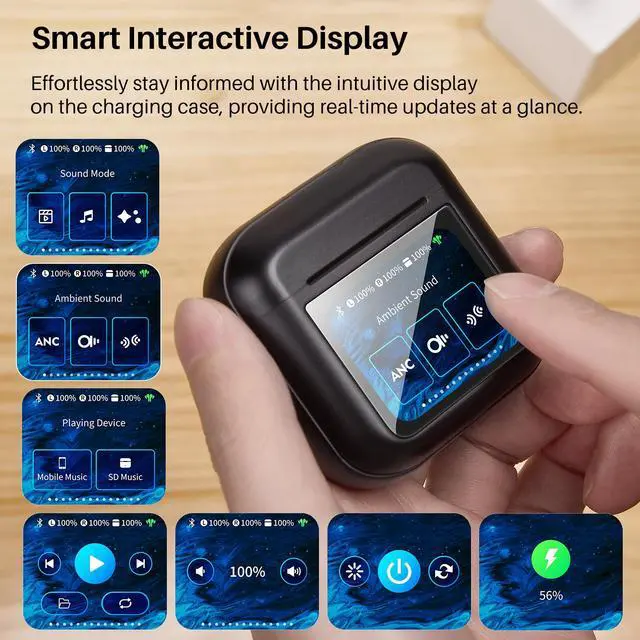 Alt view image 2 of 7 - Anybuds Touch Screen Wireless Earbuds, Active Noise Cancelling Bluetooth 5.3 Headphones, 2 Mics for Clear Calls, 47H Long Playtime with Charger Case, IPX4 Water-Resistant, Black