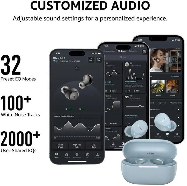 Alt view image 6 of 7 - TOZO A1 Wireless Earbuds Bluetooth 5.3 in Ear Headphones, Support AI Smart APP EQ Setting 32 Hours Playtime with Charging Case, Light Blue