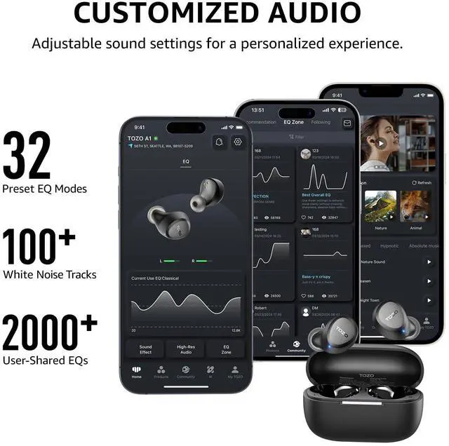 Alt view image 6 of 7 - TOZO A1 Wireless Earbuds in Ear Bluetooth Headphones, Support AI Smart APP EQ Setting, 32 Hours Playtime with Charging Case, Matte Black