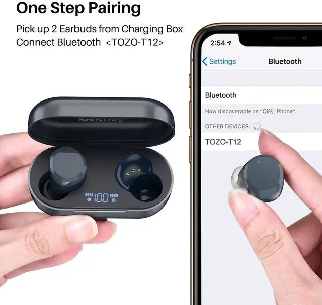 Alt view image 2 of 7 - TOZO T12 Wireless Earbuds ENC Noise Cancellation Bluetooth In-Ear Headphones with LED Digital Display Charger Case, Blue (Refurbished)