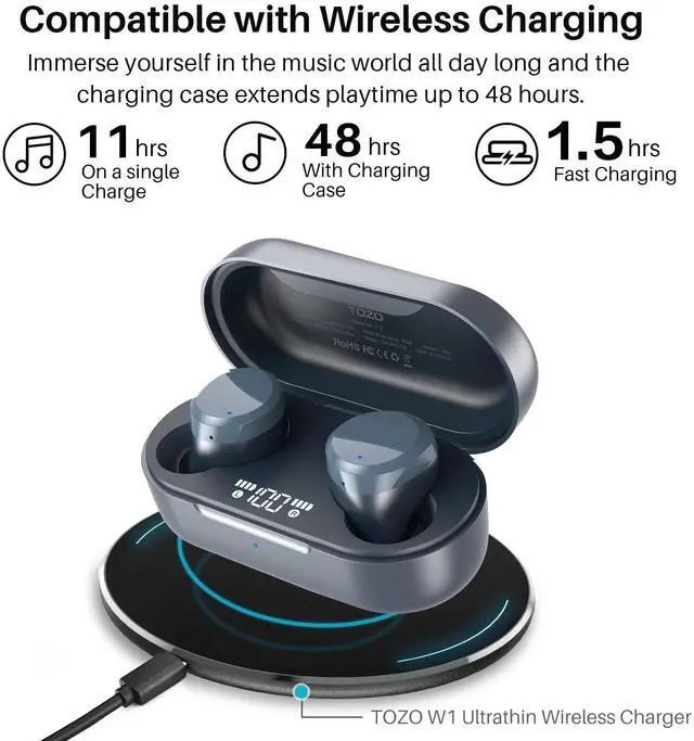 Alt view image 5 of 7 - TOZO T12 Wireless Earbuds ENC Noise Cancellation Bluetooth In-Ear Headphones with LED Digital Display Charger Case, Blue (Refurbished)