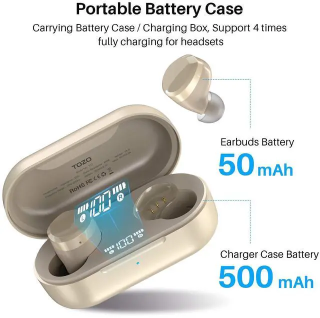 Alt view image 4 of 7 - TOZO T12 Wireless Earbuds ENC Noise Cancellation Bluetooth In-Ear Headphones with LED Digital Display Charger Case, Champagne (Refurbished)