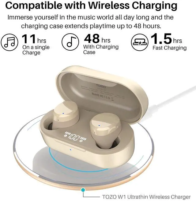 Alt view image 5 of 7 - TOZO T12 Wireless Earbuds ENC Noise Cancellation Bluetooth In-Ear Headphones with LED Digital Display Charger Case, Champagne (Refurbished)