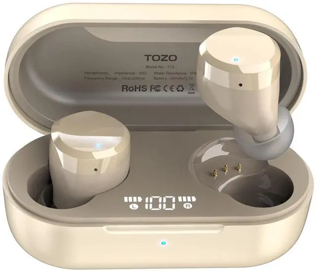Main image of TOZO T12 Wireless Earbuds ENC Noise Cancellation Bluetooth In-Ear Headphones with LED Digital Display Charger Case, Champagne (Refurbished)