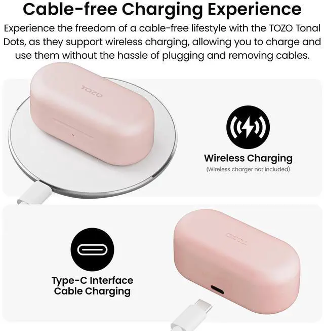 Alt view image 4 of 7 - TOZO T12 Mini Wireless Earbuds ENC Noise Cancellation Bluetooth In-Ear Headphones with LED Digital Display Charger Case, Matte Pink (Refurbished)