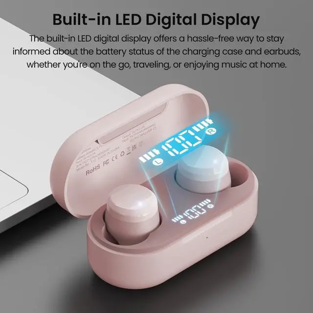 Alt view image 2 of 7 - TOZO T12 Mini Wireless Earbuds ENC Noise Cancellation Bluetooth In-Ear Headphones with LED Digital Display Charger Case, Matte Pink (Refurbished)