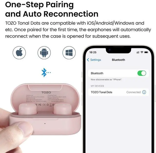 Alt view image 7 of 7 - TOZO T12 Mini Wireless Earbuds ENC Noise Cancellation Bluetooth In-Ear Headphones with LED Digital Display Charger Case, Matte Pink (Refurbished)