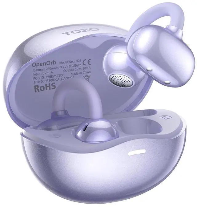 Main image of TOZO OpenOrb Bluetooth 5.4 Wireless Earbuds Clip on, Open Ear Listen in Comfort Headphones Up to 24H Playtime Headset, Purple