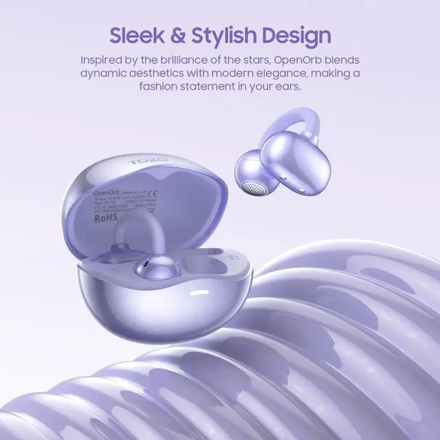Alt view image 2 of 7 - TOZO OpenOrb Bluetooth 5.4 Wireless Earbuds Clip on, Open Ear Listen in Comfort Headphones Up to 24H Playtime Headset, Purple