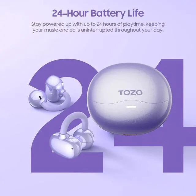 Alt view image 5 of 7 - TOZO OpenOrb Bluetooth 5.4 Wireless Earbuds Clip on, Open Ear Listen in Comfort Headphones Up to 24H Playtime Headset, Purple