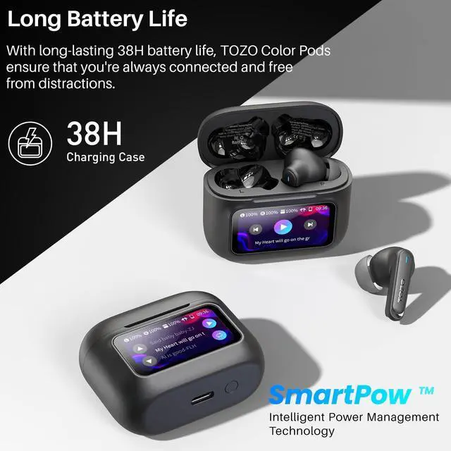 Alt view image 6 of 7 - TOZO ColorPods Bluetooth 5.4 Wireless Earbuds with Smart Interactive Display Charger Case, ANC Active Noise Canceling Headphones, 32 EQs via APP Earphones IPX5 Waterproof