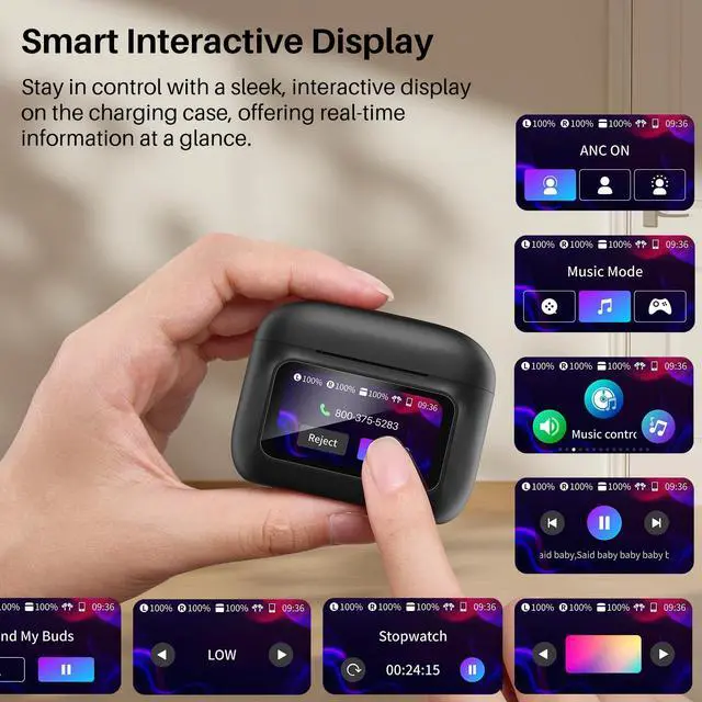 Alt view image 2 of 7 - TOZO ColorPods Bluetooth 5.4 Wireless Earbuds with Smart Interactive Display Charger Case, ANC Active Noise Canceling Headphones, 32 EQs via APP Earphones IPX5 Waterproof