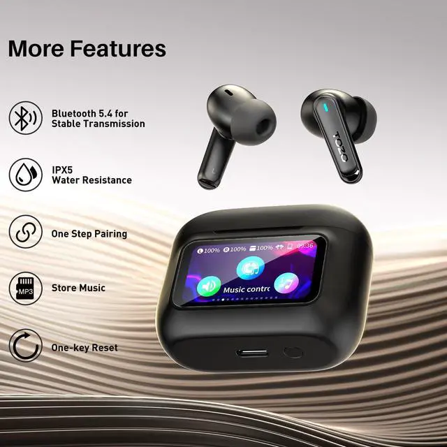 Alt view image 7 of 7 - TOZO ColorPods Bluetooth 5.4 Wireless Earbuds with Smart Interactive Display Charger Case, ANC Active Noise Canceling Headphones, 32 EQs via APP Earphones IPX5 Waterproof