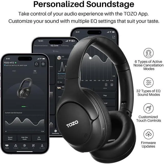 Alt view image 5 of 7 - TOZO HT2 Bluetooth Over Ear Headset Wireless Hybrid Active Noise Cancelling Headphones, 60H Playtime, Hi-Res Audio, Comfort Fit Ear Cups, Black (Refurbished)