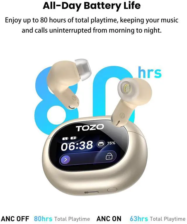 Alt view image 5 of 7 - TOZO NC20 Pro Active Noise Cancelling Wireless Earbuds with Smart Touch Screen, LDAC Hi-Res Audio, Stereo Bass, 6 Mics AI Call Ear Buds, 80H Playtime, IPX8 Waterproof, 32 EQ via App, Wireless Charging