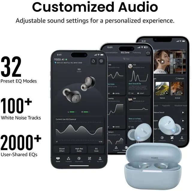 Alt view image 7 of 7 - TOZO A1 Wireless Earbuds Bluetooth 5.3 in Ear Headphones, Support AI Smart APP EQ Setting 32 Hours Playtime with Charging Case, Light Blue