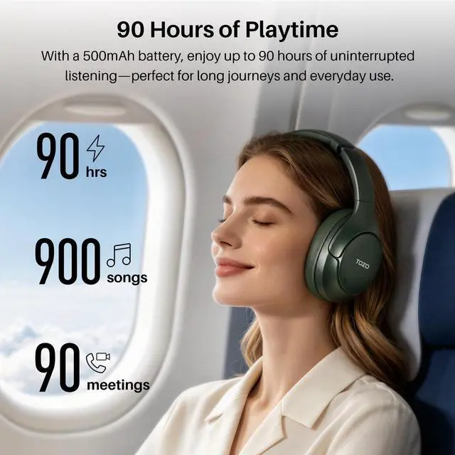 Alt view image 3 of 7 - TOZO HT3 Wireless Over Ear Headset Bluetooth 6.0, with 5 Mics Hybrid Noise Cancelling Headphones Foldable, AI Voice Assistant, Green