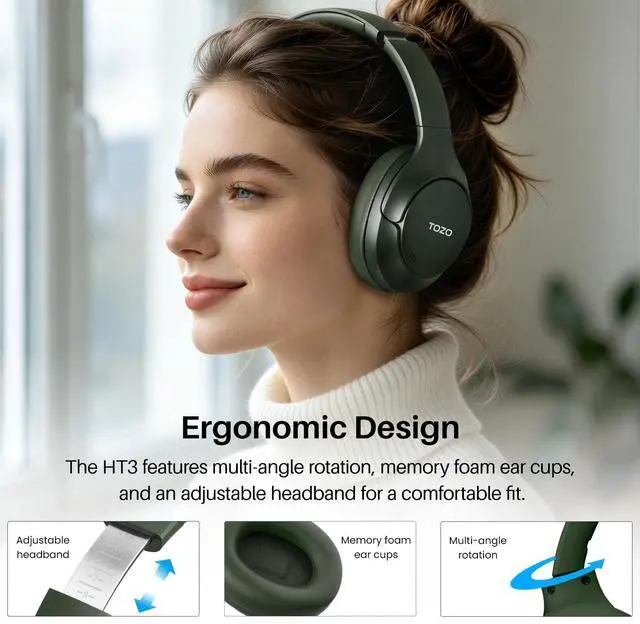 Alt view image 5 of 7 - TOZO HT3 Wireless Over Ear Headset Bluetooth 6.0, with 5 Mics Hybrid Noise Cancelling Headphones Foldable, AI Voice Assistant, Green