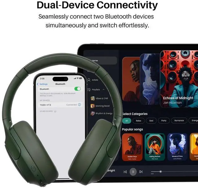 Alt view image 6 of 7 - TOZO HT3 Wireless Over Ear Headset Bluetooth 6.0, with 5 Mics Hybrid Noise Cancelling Headphones Foldable, AI Voice Assistant, Green